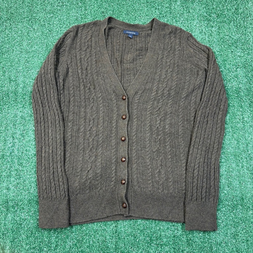 Vintage Lands' End Cardigan Sweater Brown Cable Knit Button Small